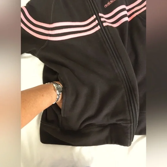 90’s EUC Adidas black zip up sweatshirt like jacket with pink stripes/accents. - Picture 8 of 10